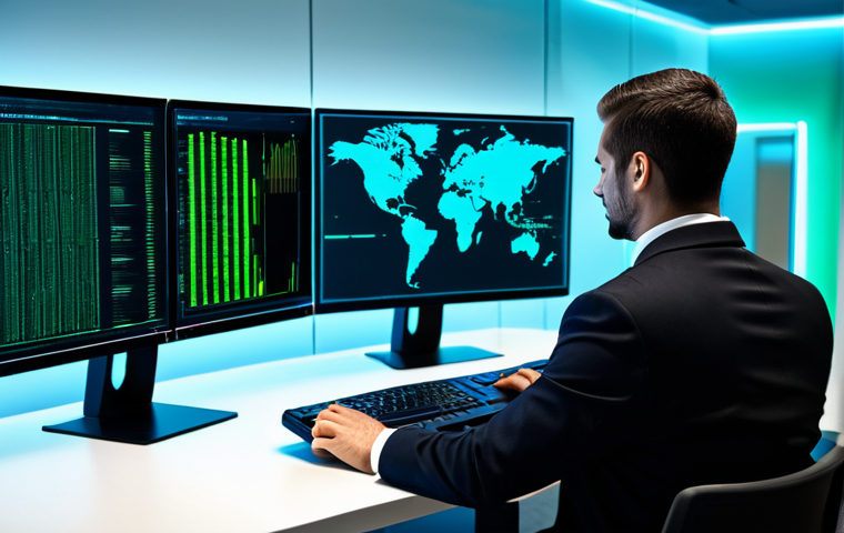 A focused cybersecurity professional, fully clothed in a modest, dark business suit, sits attentively before a multi-screen workstation, representing digital defense. One screen displays abstract, secure data flows and locked icons, symbolizing strong passwords and two-factor authentication. Their posture is natural, and hands are well-formed and resting on a clean desk. The background is a modern, high-tech server room or a secure data center, glowing with soft blue and green lights. The overall image emphasizes digital security and vigilance. perfect anatomy, correct proportions, natural pose, well-formed hands, proper finger count, natural body proportions, professional photography, high quality, safe for work, appropriate content, fully clothed, professional, family-friendly.